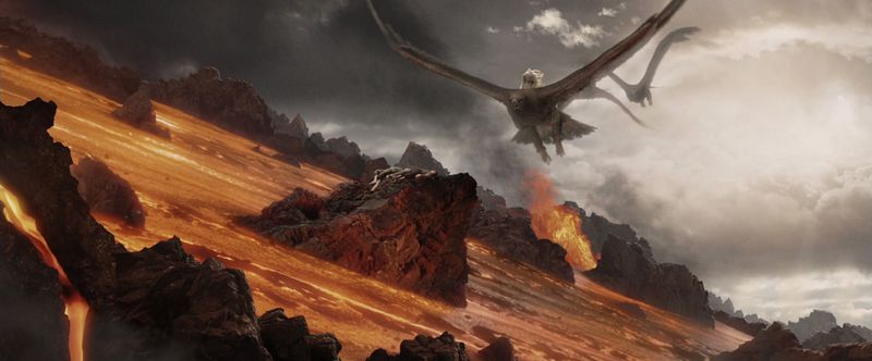 Three giant eagles arrive in Mordor to carry Frodo and Sam to safety in The Return of the King.