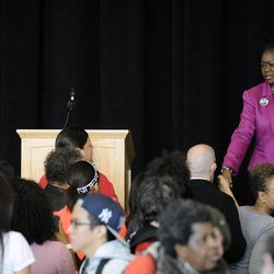 Sybrina Fulton, mother of Trayvon Martin, is greeted by audience members after speaking about the death of her son and racial profiling in the U.S. during an event in the ballroom of the Olpin Student Union on the University of Utah campus on Thursday, Jan. 16, 2014.