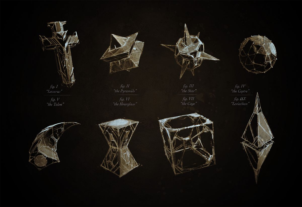 Several in-progress designs for the puzzle box in Hellraiser (2022), including a cross, a pyramid, and a sphere with spikes.