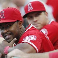 Los Angeles Angels' Chris Nelson in the dug out before the second game of a baseball doubleheader against the Boston Red Sox in Boston, Saturday, June 8, 2013. (AP Photo/Michael Dwyer)