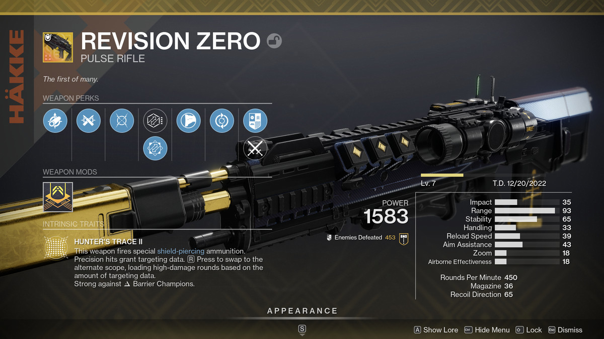 The Revision Zero Exotic pulse rifle in Destiny 2