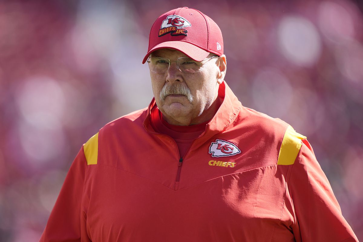 Head coach Andy Reid of the Kansas City Chiefs standing on the field looks onduring warm-ups prior to the game against the San Francisco 49ers at Levi’s Stadium on October 23, 2022 in Santa Clara, California.