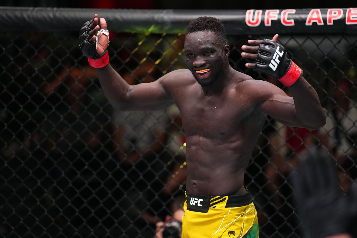 David Onama of Uganda is fired up before the start of the second round of his featherweight fight against Garrett Armfield during the UFC Fight Night event at UFC APEX on July 09, 2022 in Las Vegas, Nevada.