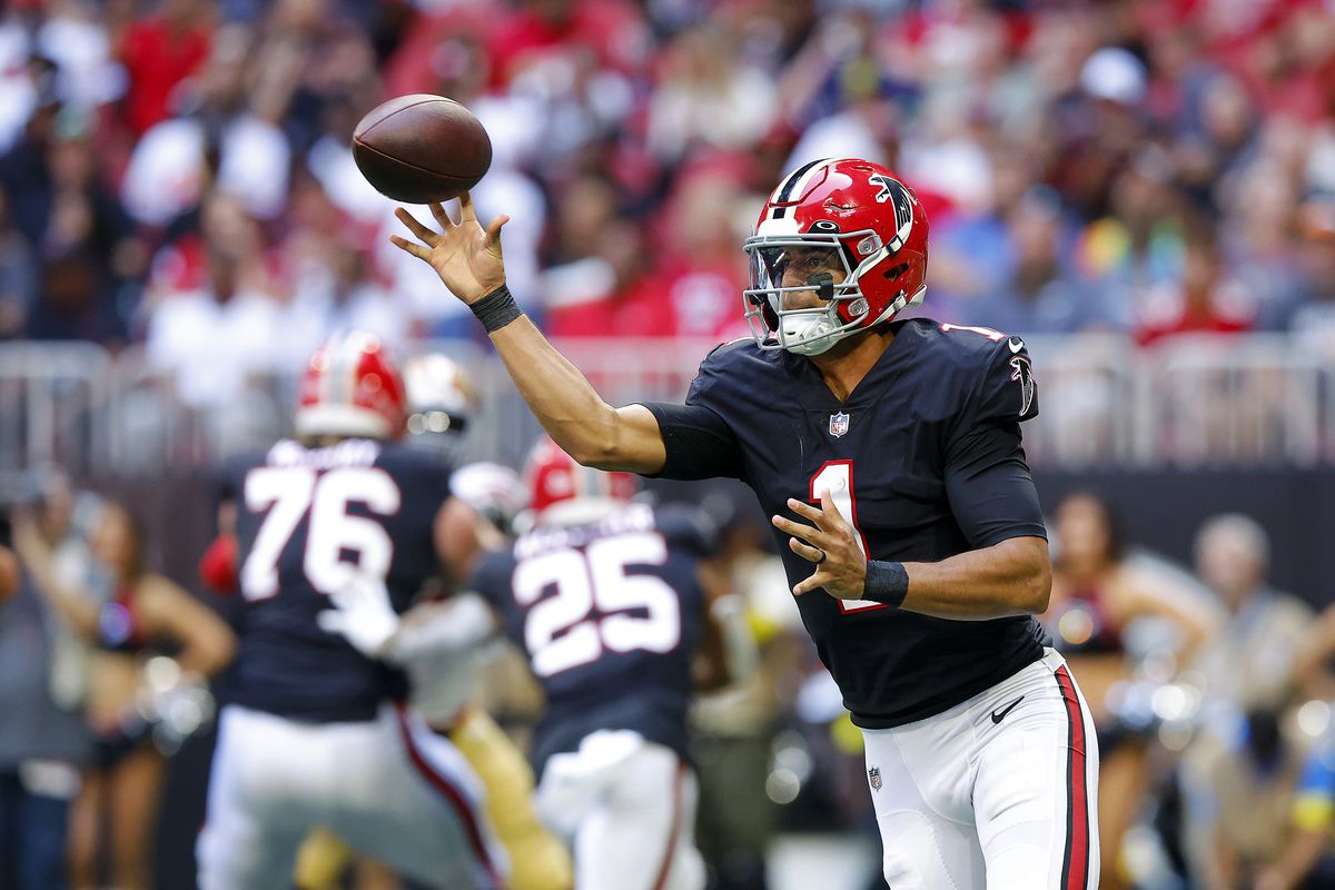 Marcus Mariota #1 of the Atlanta Falcons attempts a pass during the third quarter against the San Francisco 49ers at Mercedes-Benz Stadium on October 16, 2022 in Atlanta, Georgia