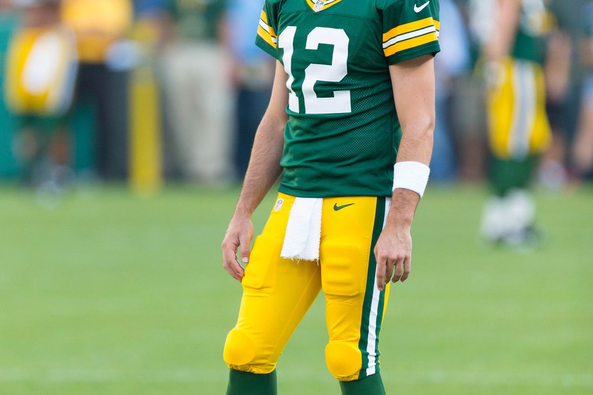 Aug 30, 2012; Green Bay, WI, USA; Green Bay Packers quarterback Aaron Rodgers (12) during warmups prior to the game against the Kansas City Chiefs at Lambeau Field.  The Packers defeated the Chiefs 24-3.  Mandatory Credit: Jeff Hanisch-US PRESSWIRE