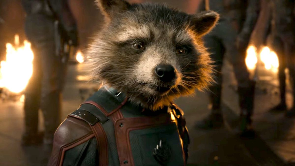 Rocket Raccoon looks poignantly into the camera while wearing his Nova suit from Guardians of the Galaxy Vol. 3