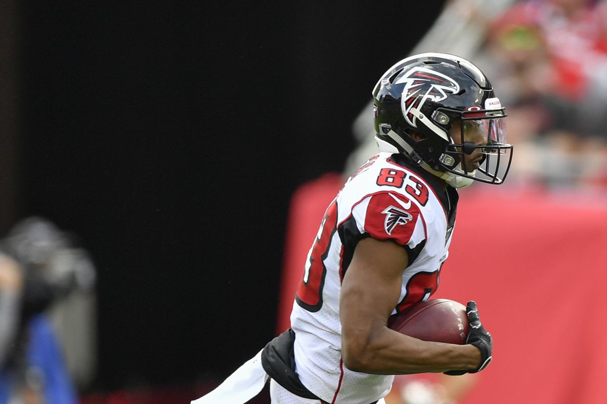 Atlanta Falcons Wide Receiver Russell Gage runs after a reception during the first half of an NFL game between the Atlanta Falcons and the Tampa Bay Bucs on December 29, 2019, at Raymond James Stadium in Tampa, FL.