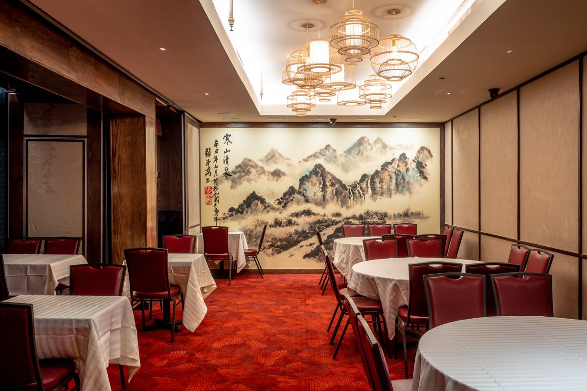 Inside of the dining room at the new location of Jing Fong, a dim sum restaurant in Chinatown.