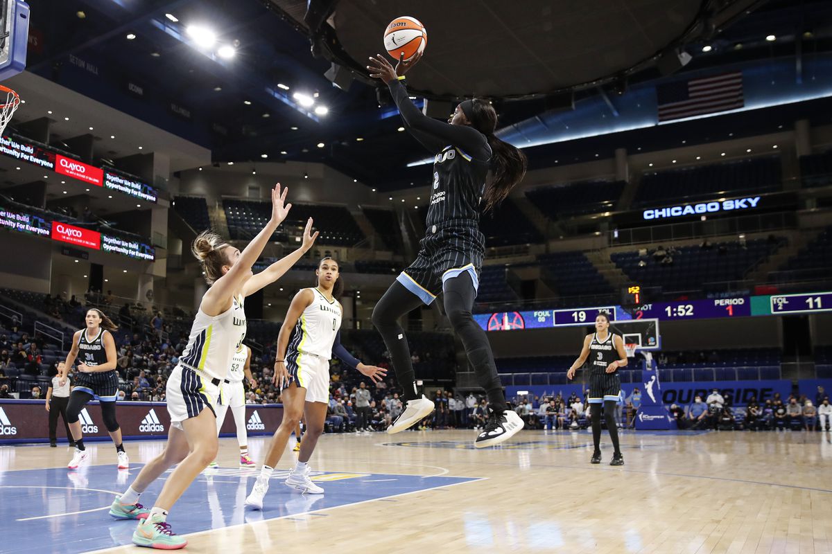 Chicago Sky guard Kahleah Copper (2) shoots against the Dallas Wings during the first half in the first round of the WNBA basketball playoffs, Thursday, Sept. 23, 2021, in Chicago. (AP Photo/Kamil Krzaczynski) ORG XMIT: CXA154