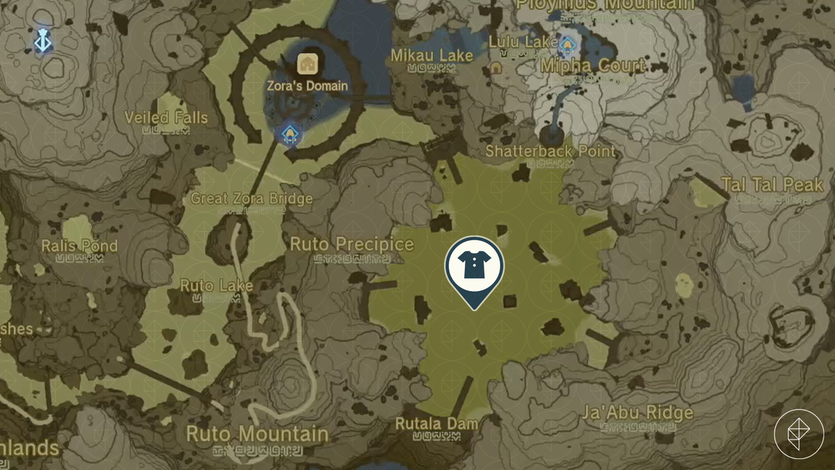 The Legend of Zelda: Tears of the Kingdom map showing the the location of the entrance to the Ancient Zora Waterworks and the Zora greaves location.
