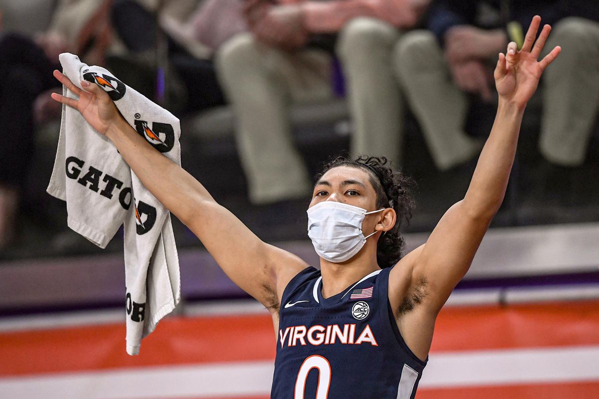 Virginia Cavaliers guard Kihei Clark celebrates after a Cavaliers basket against the Clemson Tigers during the second half at Littlejohn Coliseum.