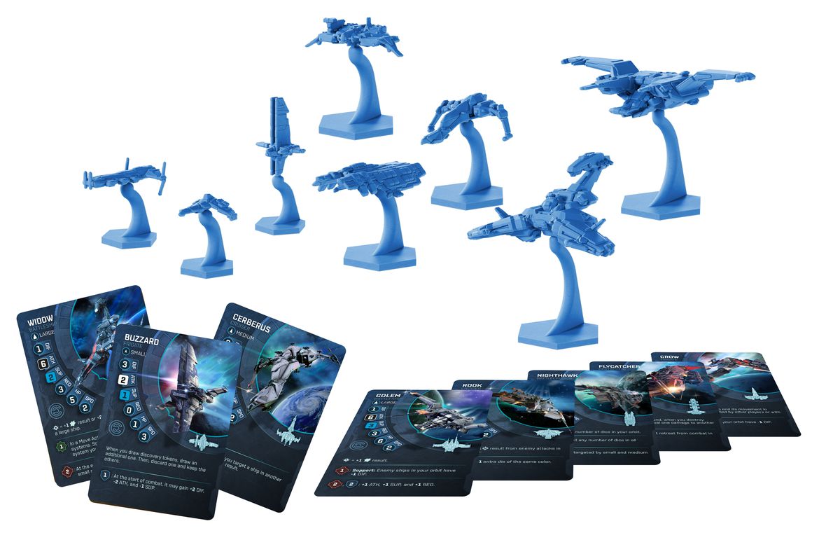 A fleet of blue starship miniatures and assorted cards describing their capabilities rendered on a white background.