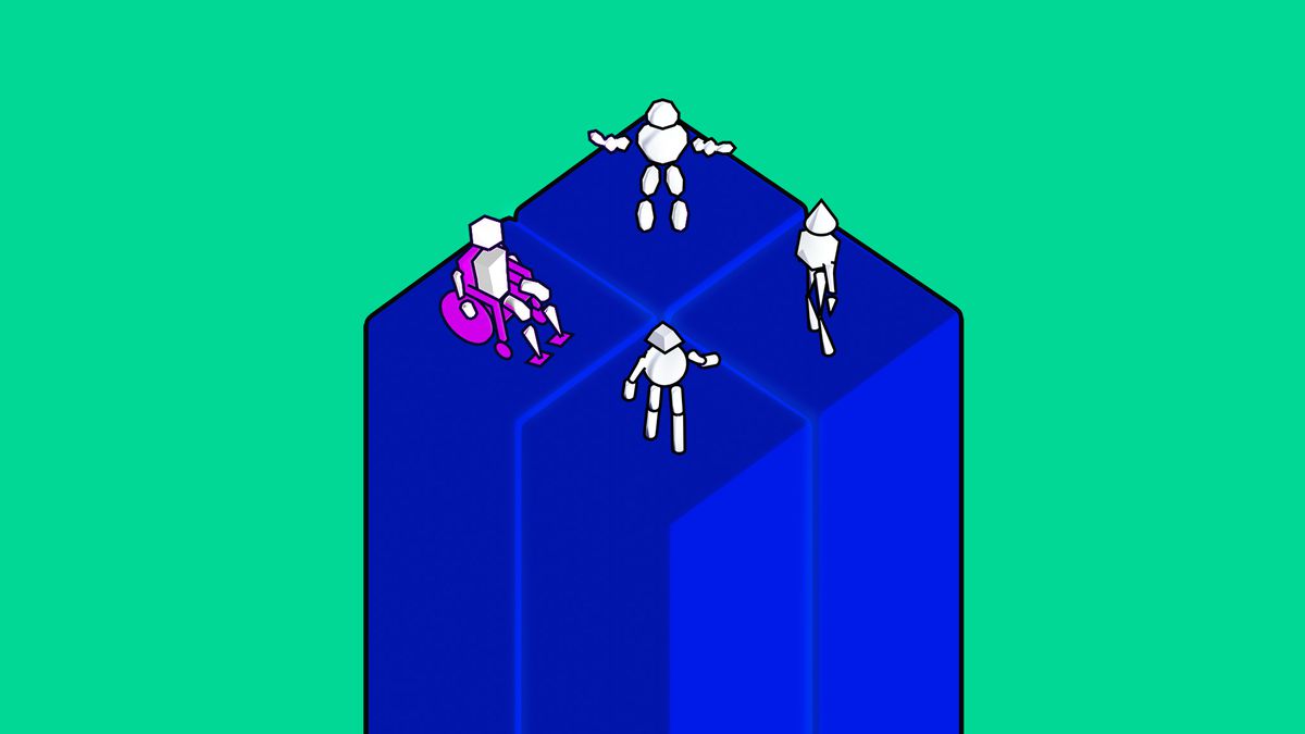 Four characters, one in a wheelchair, are placed on a raised platform in the shape of the Microsoft logo.