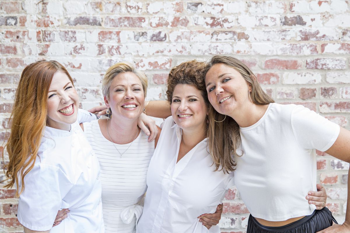 Bellina Alimentari executive chef Gizzy Barton [left] with general manager Bethany Thompson [second-from-left], owner Tal Baum [second-from-right], and creative director Alice Noel Fabi.