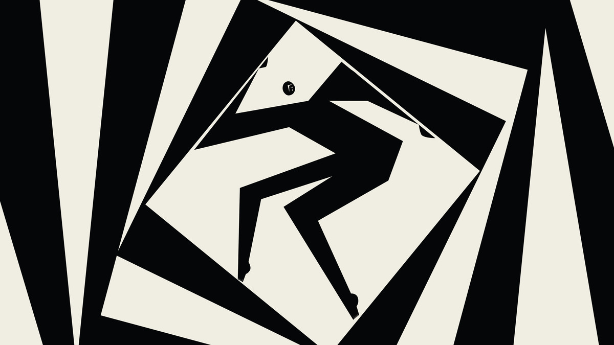 An illustration shows a black silhouette trapped in the middle of spiraling black and white boxes.