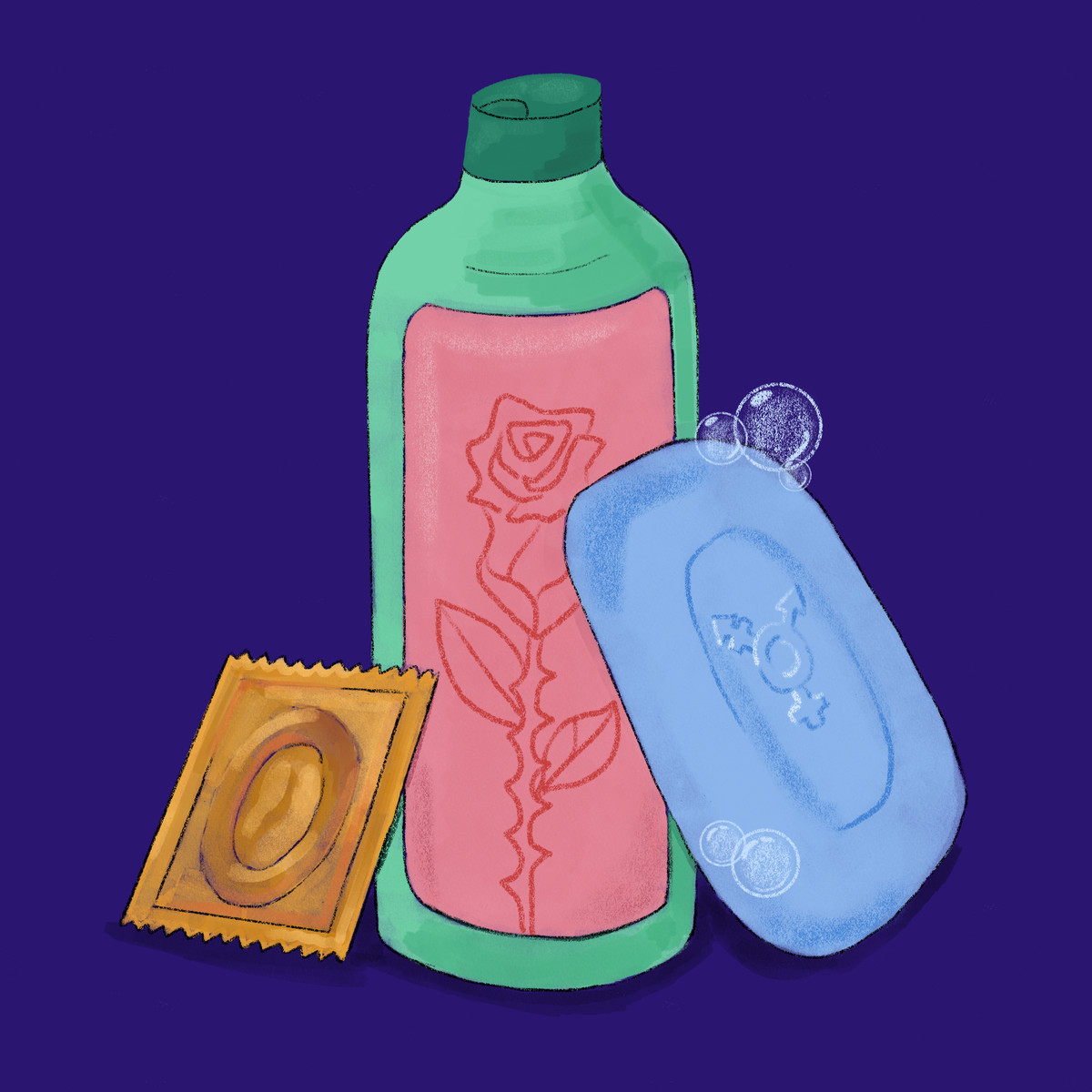 An illustration depicts some of the products snack closets offer their guests in addition to food, like condoms, bottles of shampoo, and soap.