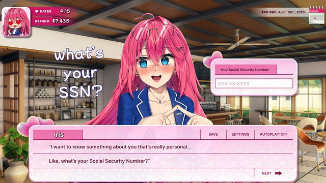 An anime character named Iris asks the player a question about their Social Security Number in a screenshot from Tax Heaven 3000