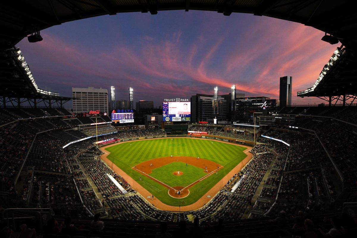 An overall view of Truist Park during the game between the Washington Nationals and the Atlanta Braves on September 9, 2021 in Atlanta, Georgia.