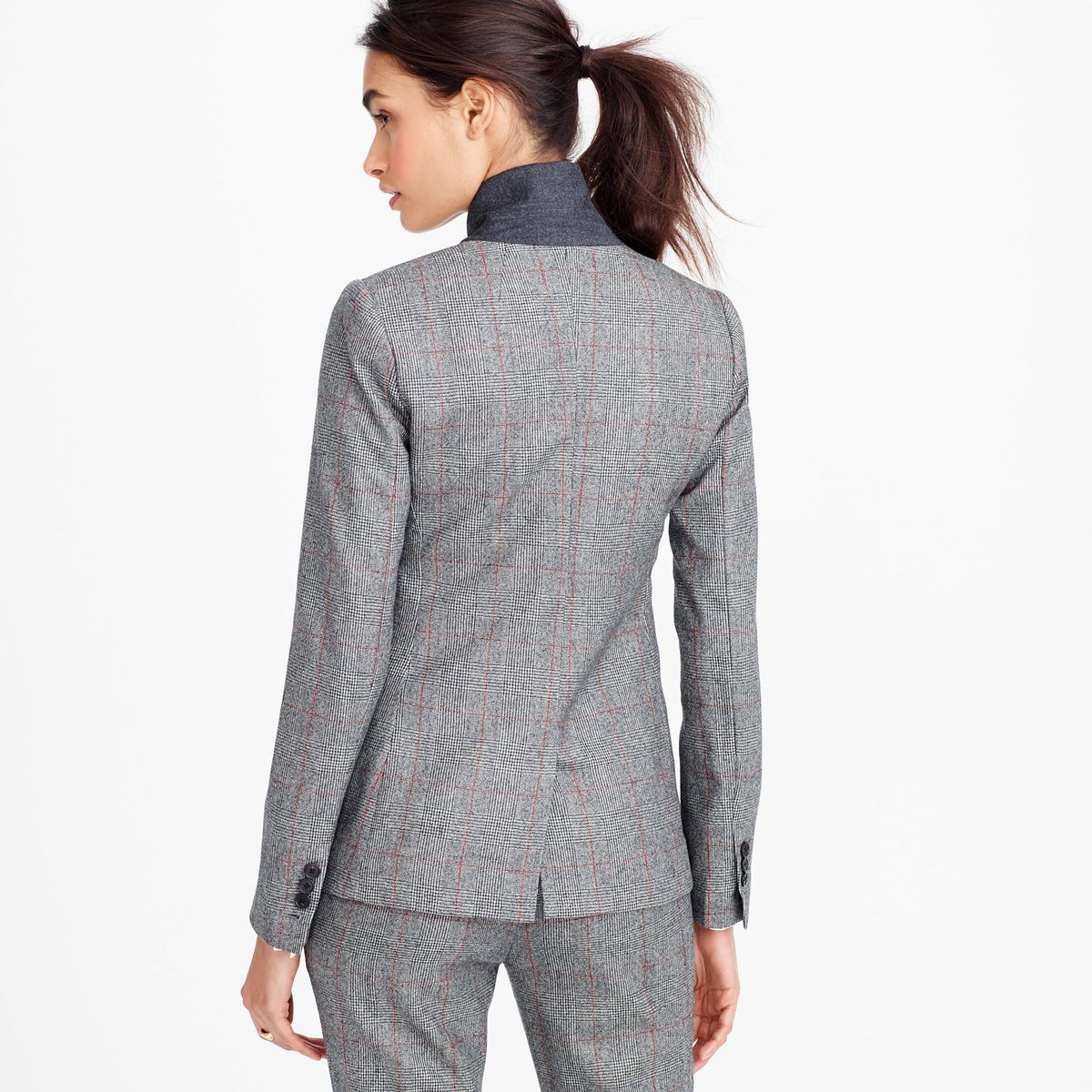 A JCrew gray suit shown from the back