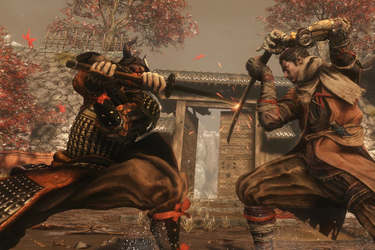 Sekiro clashes with a samurai in a screenshot from Sekiro: Shadows Die Twice