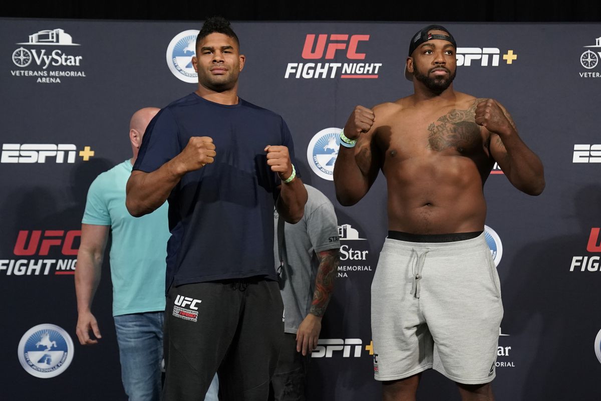 Alistair Overeem and Walt Harris pose for the media during the official UFC Fight Night weigh-in on May 15, 2020 in Jacksonville, Florida.
