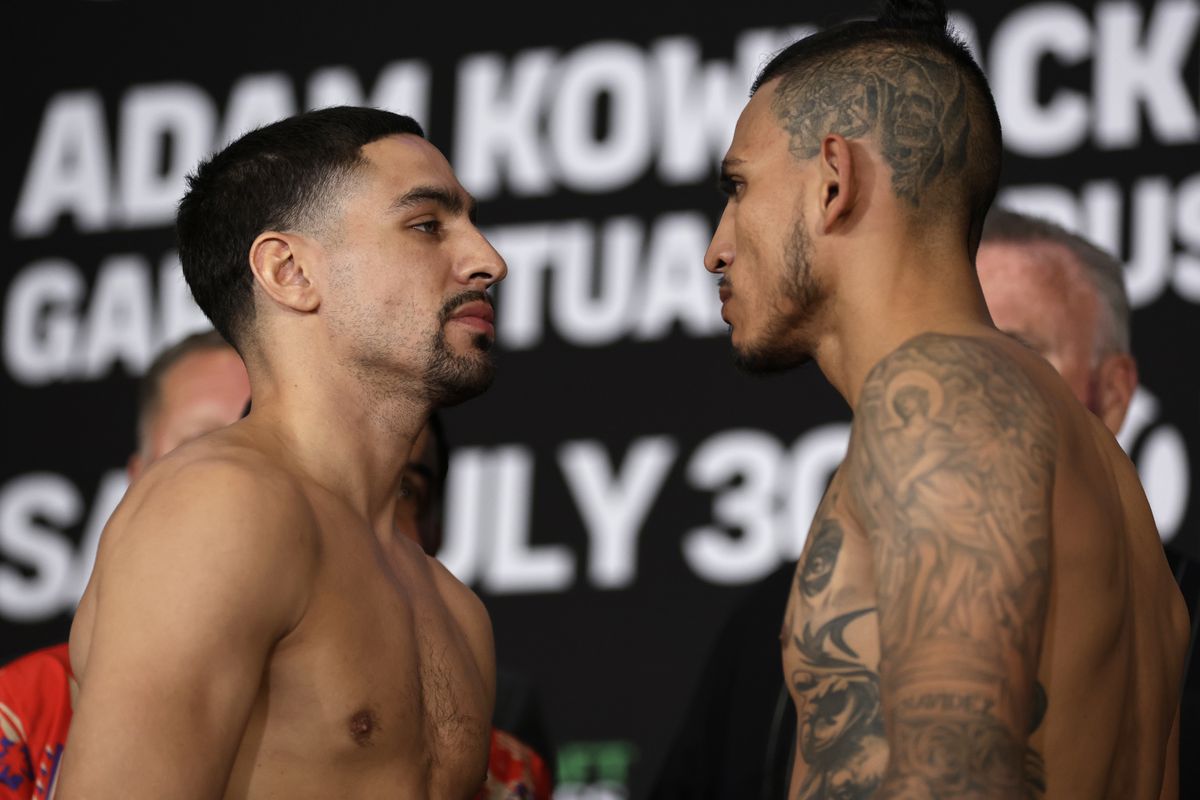 Danny Garcia (left) and Jose Benavidez Jr. (right) face off at a weigh-in before their super welterweight fight at Barclays Center on July 29, 2022 in the Brooklyn borough of New York City.