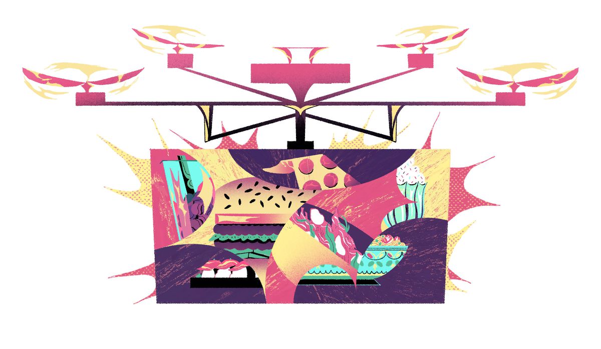 Illustration of a drone carrying a box with several different kinds of foods mashed up inside.