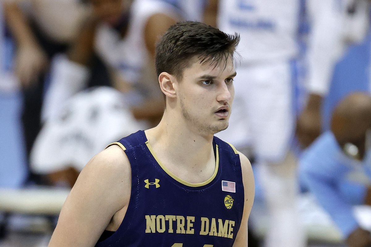 Nate Laszewski of the Notre Dame Fighting Irish looks on during the second half of their game against the North Carolina Tar Heels at Dean Smith Center on January 02, 2021 in Chapel Hill, North Carolina.