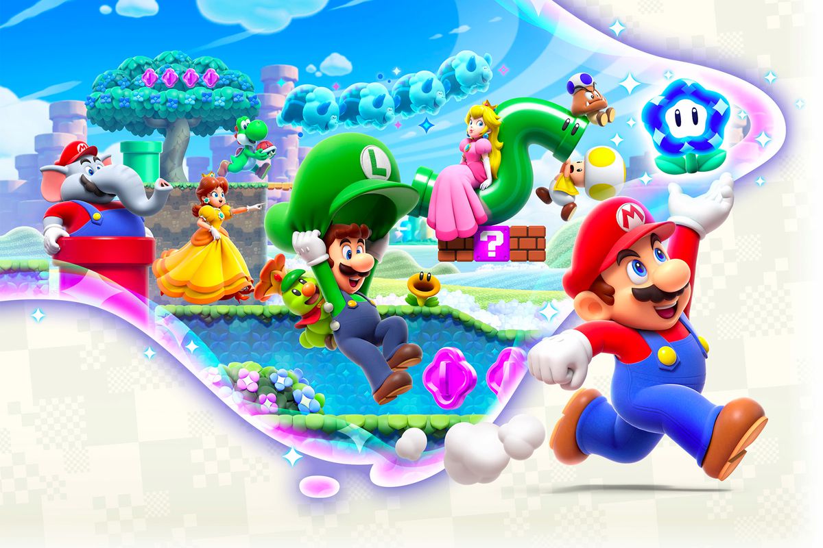 Cover art of Mario, Luigi, Daisy, Toad, Peach, and other characters from Super Mario Bros. Wonder