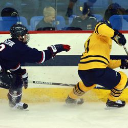 The UConn Huskies take on the Quinnipiac Bobcats in a men’s college hockey game at People’s United Center in Hamden, CT on October 16, 2018.