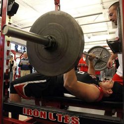 David Rolf lifts weights during Utah Pro Day at the University of Utah in Salt Lake City, Wednesday, March 20, 2013. Rolf signed an NFL free agent deal with the San Diego Chargers.