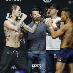 Sean O’Malley and Andre Soukhamthath square off at UFC 222 weigh-ins.