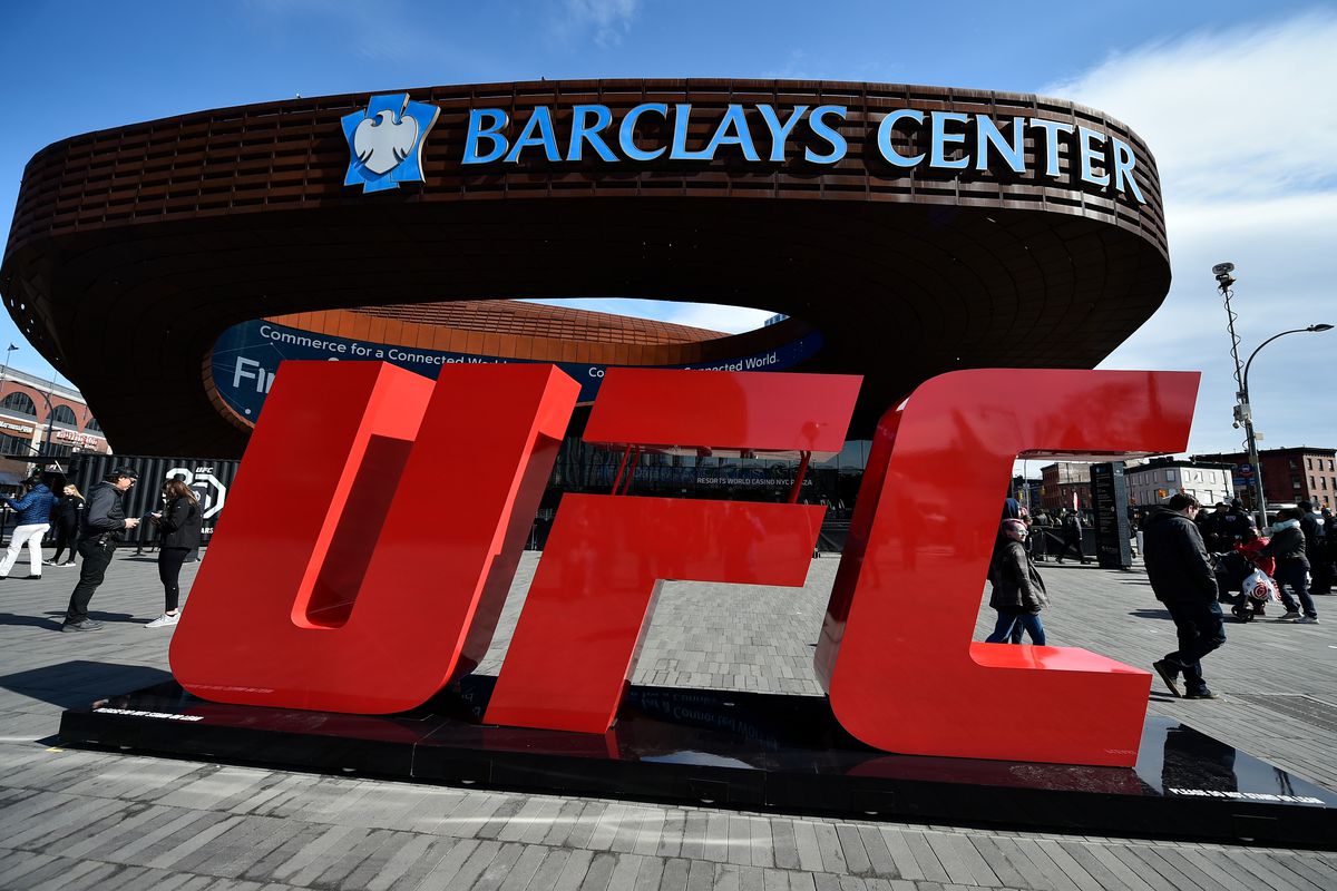 UFC signage outside the Barclays Arena in Brooklyn, NY in 2018.