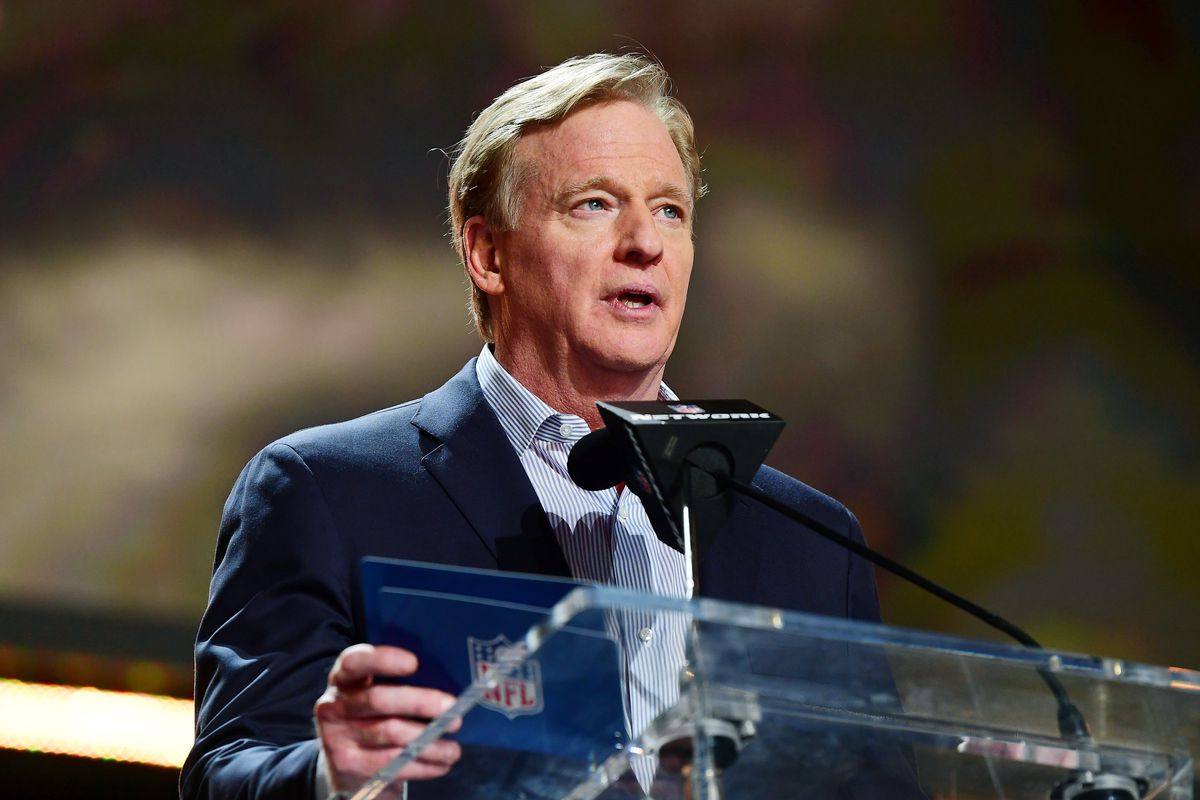 NFL commissioner Roger Goodell announces Northern Iowa offensive tackle Trevor Penning as the nineteenth overall pick to the New Orleans Saints during the first round of the 2022 NFL Draft at the NFL Draft Theater