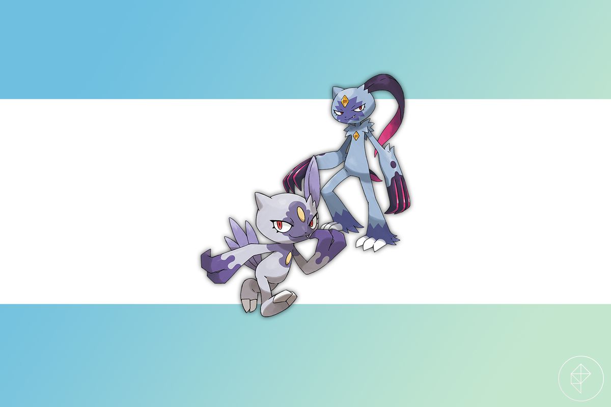 Hisuian Sneasel and Sneasler on a blue and green gradient background.
