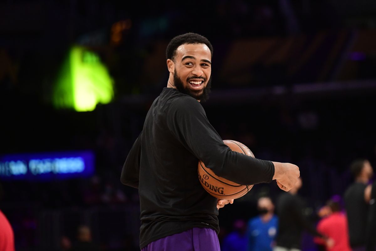 Talen Horton-Tucker of the Los Angeles Lakers smiles before the game against the Phoenix Suns during Round 1, Game 6 of the 2021 NBA Playoffs on June 3, 2021 at STAPLES Center in Los Angeles, California.&nbsp;