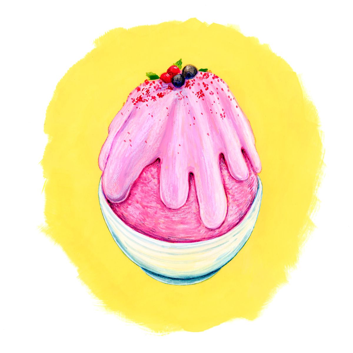 an illustration of a bowl of pink shave ice