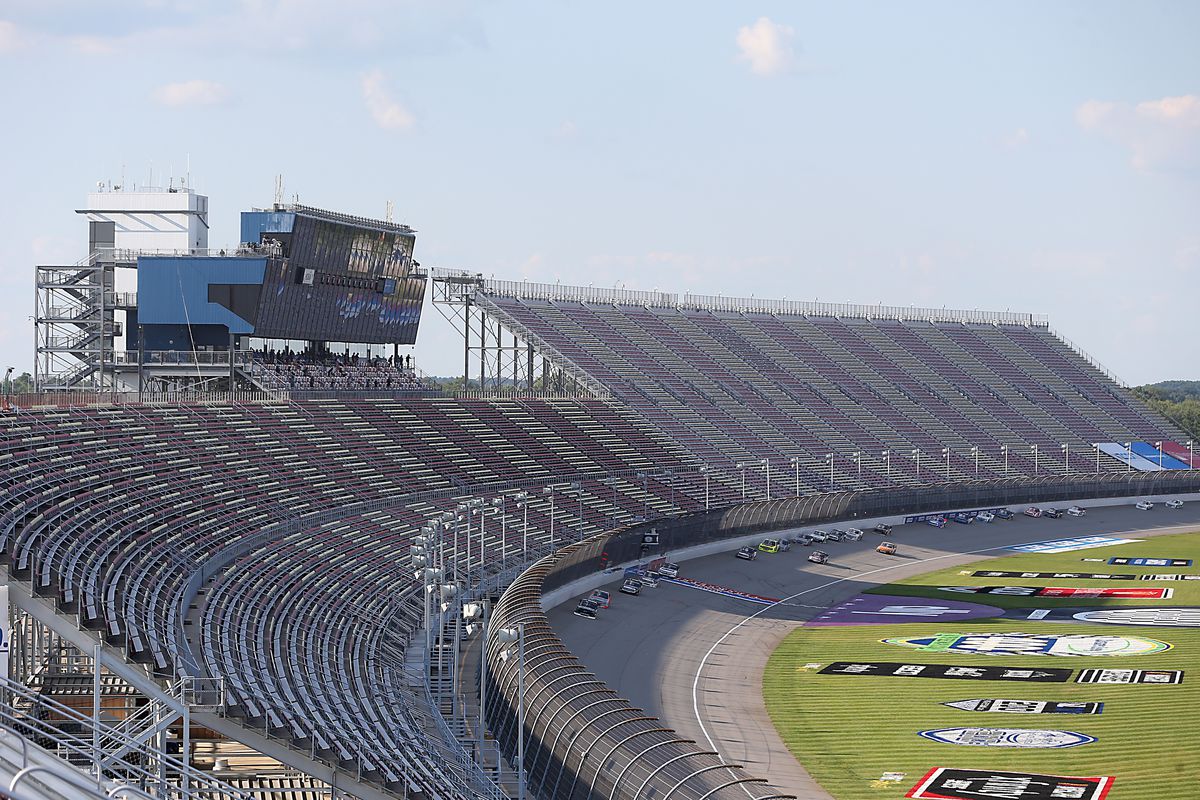 A general view of trucks racing during the NASCAR Gander RV &amp; Outdoors Truck Series Henry Ford Health System 200 at Michigan International Speedway on August 07, 2020 in Brooklyn, Michigan.