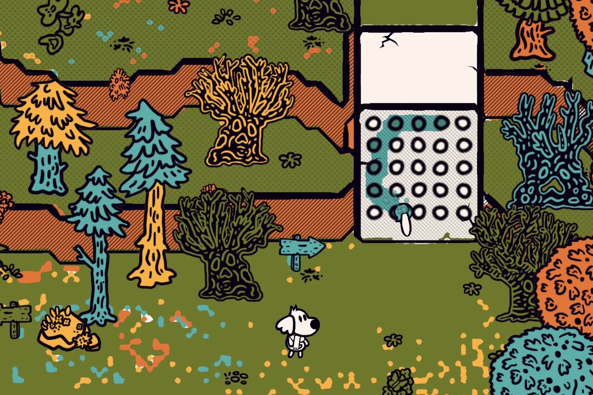 Chicory: A Colorful Tale screenshot, with a puzzle shown on screen and a small white dog in the middle.