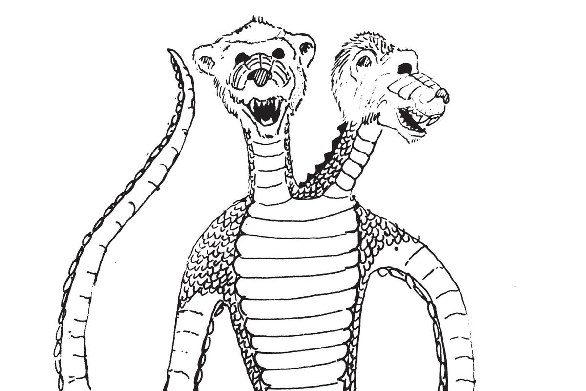 A tentacled demon with two ape-like heads and a crocodilian mid-section.