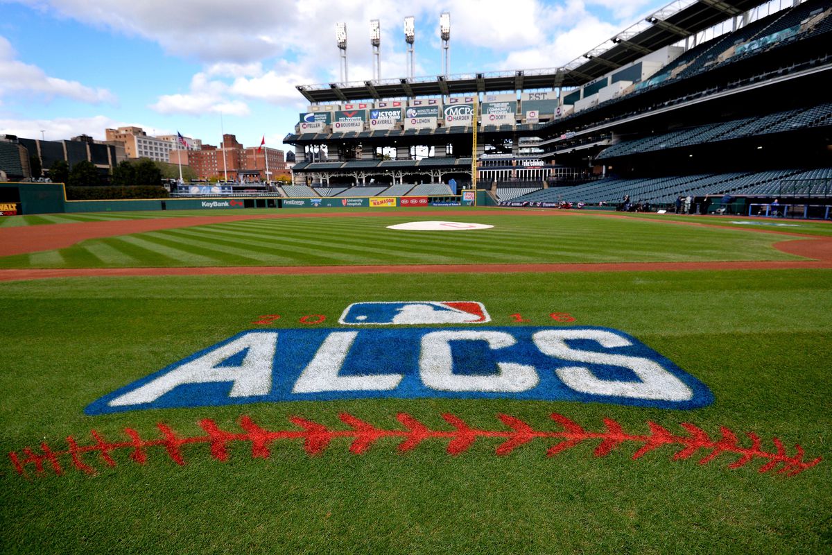 General view of the ALCS logo on the field one day prior to game one of the ALCS between the Toronto Blue Jays and Cleveland Indians at Progressive Field.
