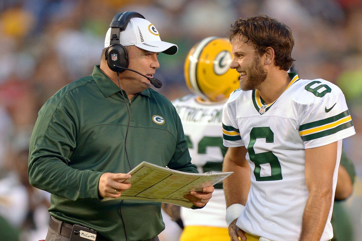 Green Bay Packers quarterback Graham Harrell (6) talks with head coach Mike McCarthy during the third quarter against the San Diego Chargers at Qualcomm Stadium