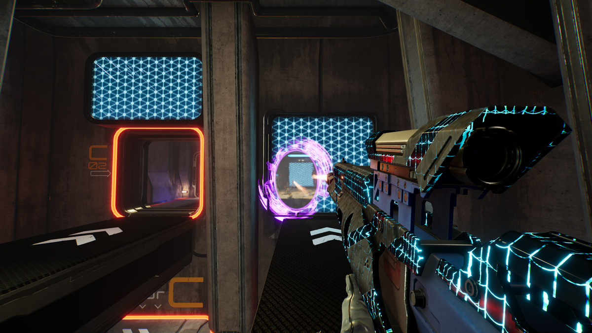 A Splitgate player shooting into a portal 