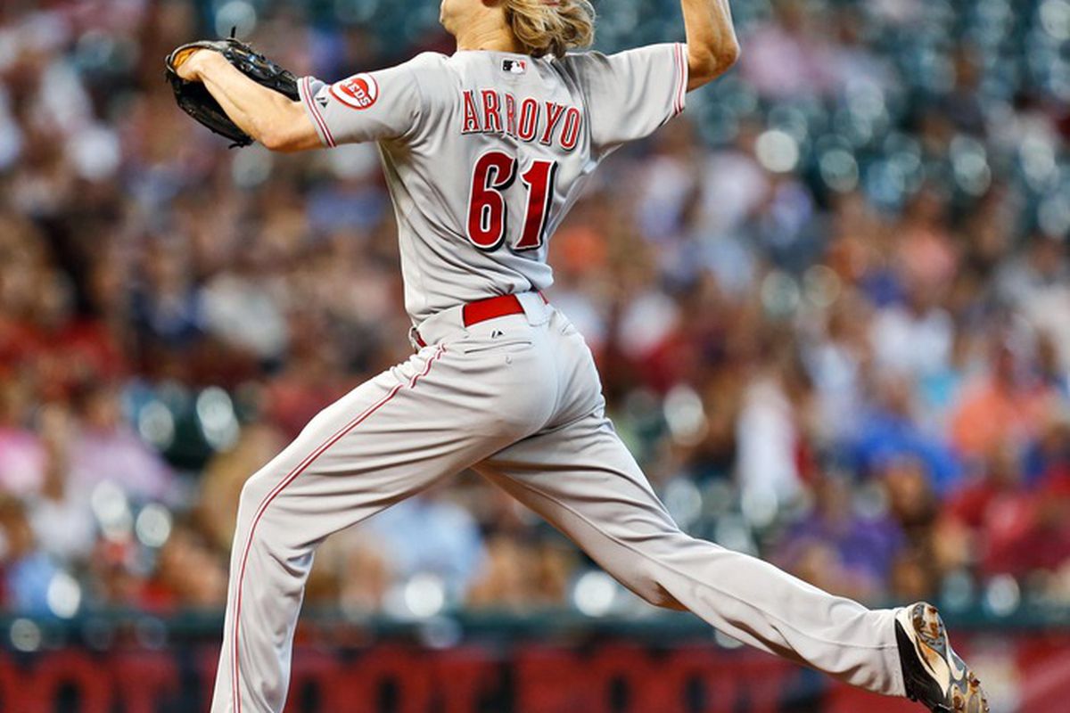 June 3, 2012; Houston, TX, USA; Cincinnati Reds starting pitcher Bronson Arroyo (61) pitches against the Houston Astros during the first inning at Minute Maid Park. Mandatory Credit: Thomas Campbell-US PRESSWIRE