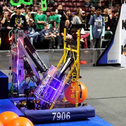 The Cottonwood High School robot is ready for action as they compete in the First Robotics Competition Utah Regional event at the Maverik Center in West Valley City, Utah, on Friday, March 29, 2019.