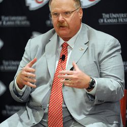 Kansas City Chiefs head coach Andy Reid answers questions from media during the press conference at Arrowhead Stadium.