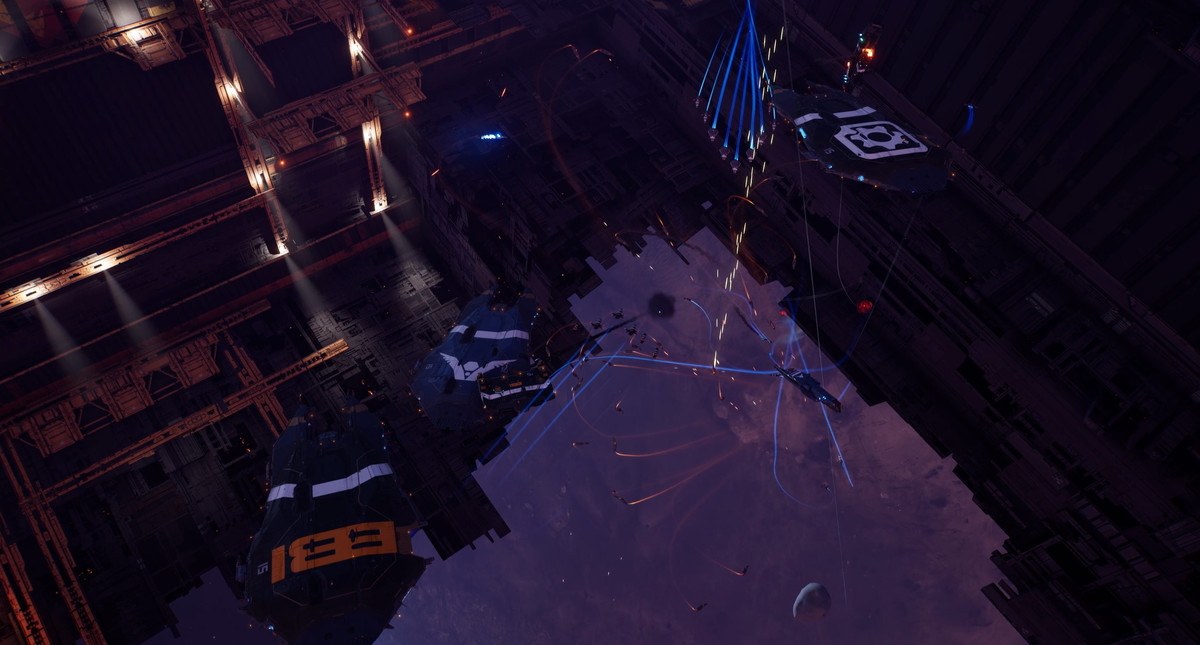 A screenshot from Homeworld 3’s War Games mode, featuring three carriers playing cooperatively.