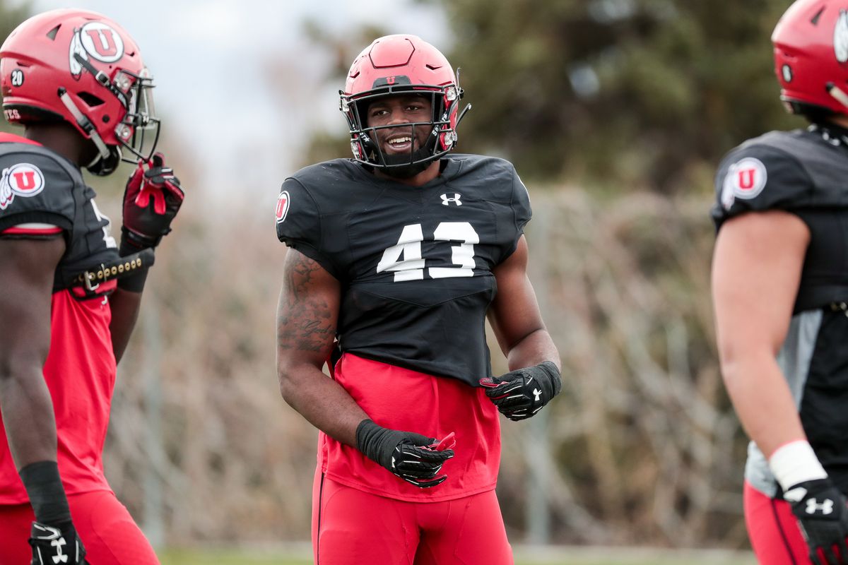 Linebacker Manny Bowen chats with teammates during a University of Utah football practice at the Eccles Football Center in Salt Lake City on Tuesday, March 26, 2019.