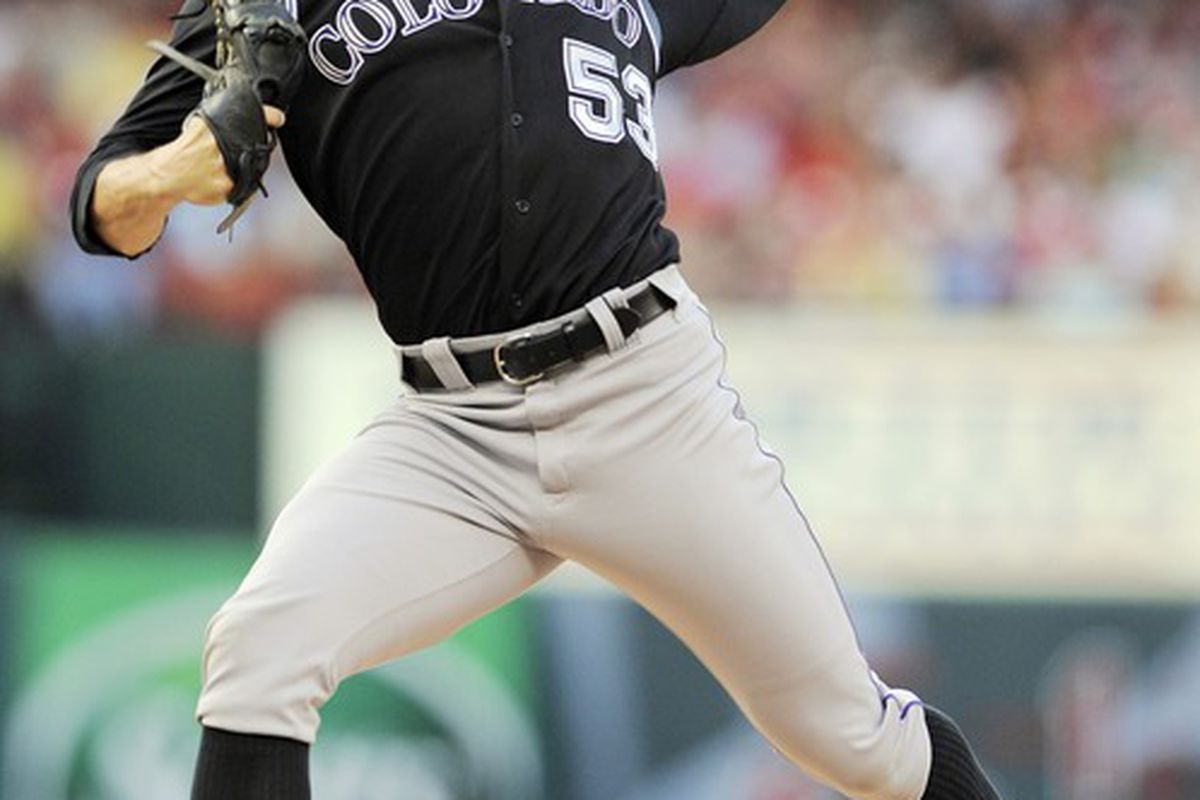 July 5, 2012; St. Louis, MO. USA; Colorado Rockies starting pitcher Christian Friedrich (53) throws against the St. Louis Cardinals in the first inning at Busch Stadium. Mandatory Credit: Jeff Curry-US PRESSWIRE