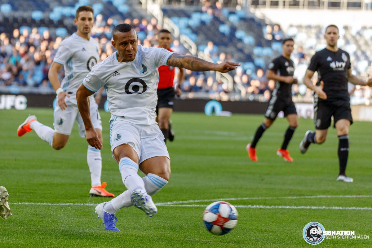 June 12, 2019 - Saint Paul, Minnesota, United States - Minnesota United forward Angelo Rodriguez (9) scores the opening goal during the US Open Cup match between Minnesota United and Sporting KC at Allianz Field. 